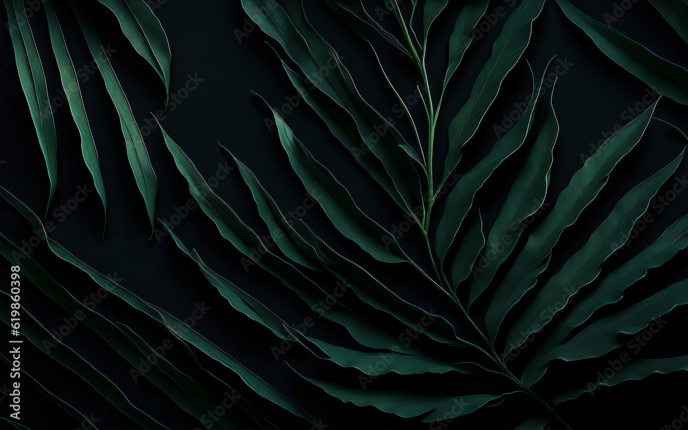 Fototapeta premium Tropical Illustration with Green Palm Leaves on Dark Background. Pattern with Exotic Botanical Wallpaper Design for Banner, Invitation, Greeting Card. AI Generated.