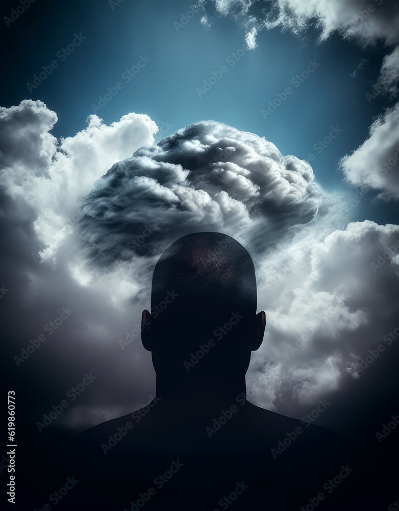 brainstorm, man head with clouds moving up a body brainstorm, man head with clouds moving up a body