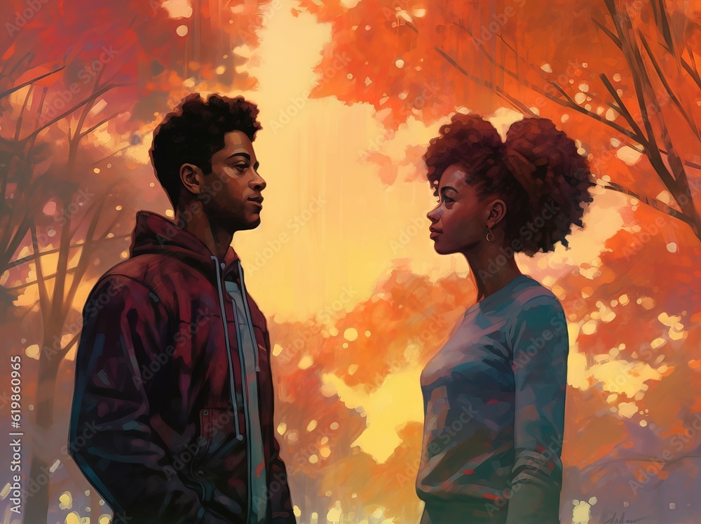 Young African American young woman and guy stand at sunset facing each other