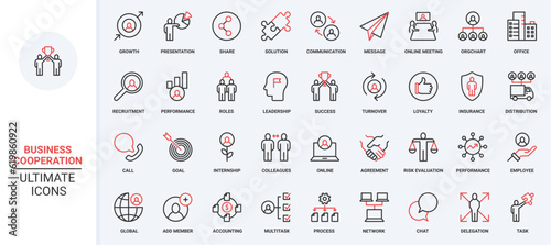 Red black thin line icons set for business cooperation, human resource development, problem solving, company risk insurance, team building and management, leadership assistance vector illustration.