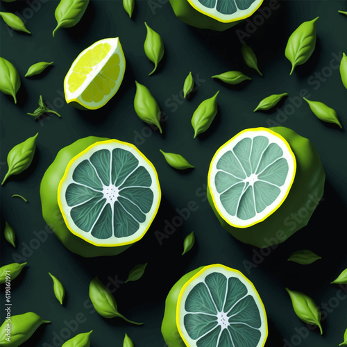Repeated Seamless Pattern Design with Fresh Lemon Citrus Fruit and Green Leaf on Dark Background. Decorative Wallpaper llustration for Print, Textile, Banner, Poster or Greeting Card.