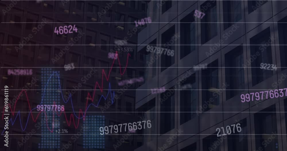 Animation of changing numbers and statistical data processing against view of tall buildings Animation of changing numbers and statistical data processing against view of tall buildings