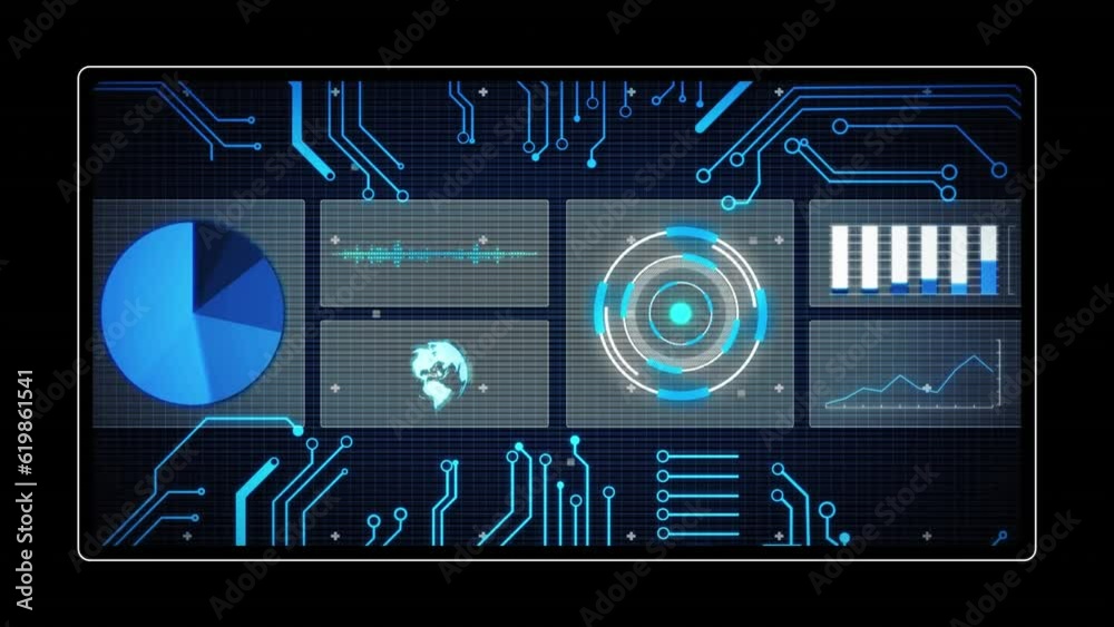 Animation of interface with data processing against black background Animation of interface with data processing against black background