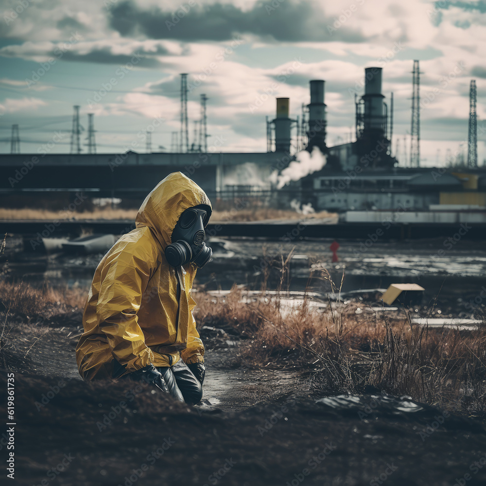 Fototapeta premium man in yellow protective suit and gas mask in highly polluted enviroment. Generative AI