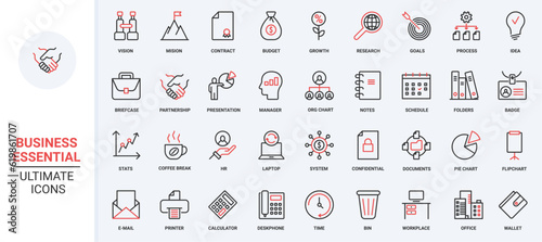 Red black thin line icons set for business vision, success company mission, office innovation in statistics system and target marketing, time management and finance projects vector illustration.