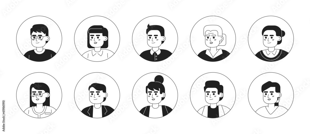 Asian people monochrome flat linear character heads bundle. Cheerful men and women. Editable outline people icons. Line users faces. 2D cartoon spot vector avatar illustration pack for animation