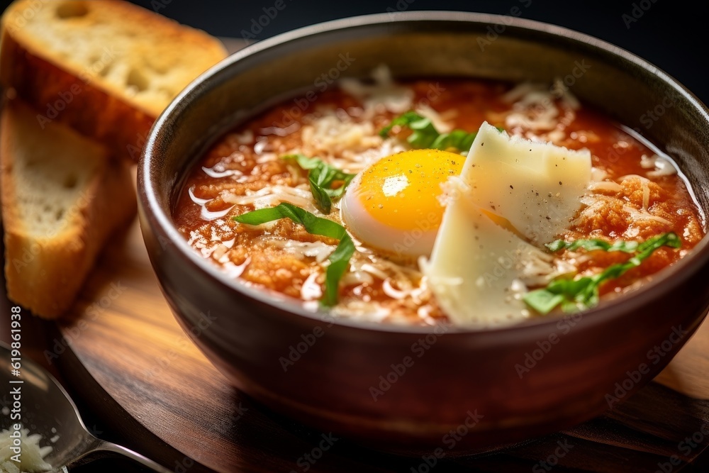 Zuppa Pavese, showcasing the rich broth and poached egg, garnished with crispy bread and grated Parmesan cheese