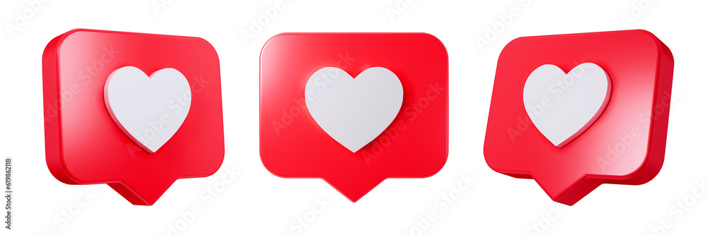 Set of heart in speech bubble icon isolated on a white background. Love like heart social media notification icon. Emoji, chat and Social Network. 3d rendering, 3d illustration