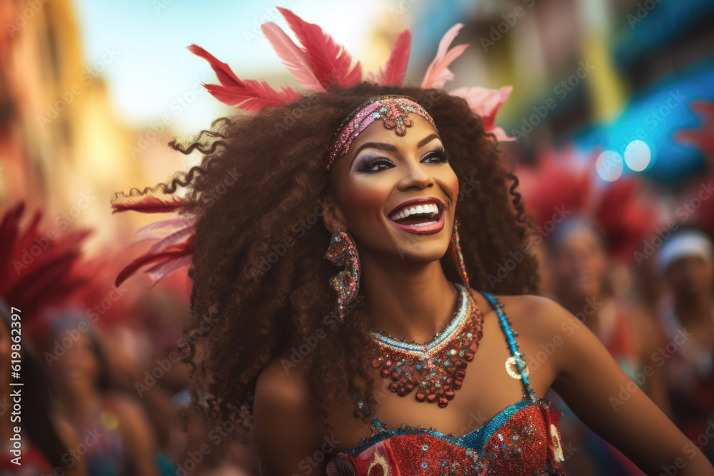 Latin woman dancing on the streets during carnival. Generative AI Latin woman dancing on the streets during carnival. Generative AI