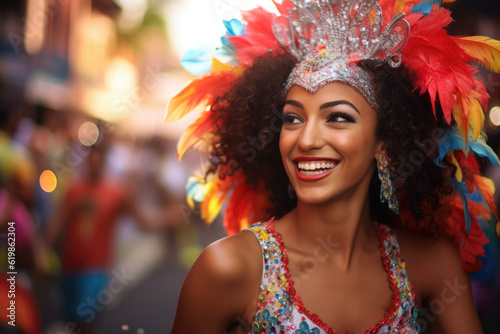 Latin woman dancing on the streets during carnival. Generative AI
