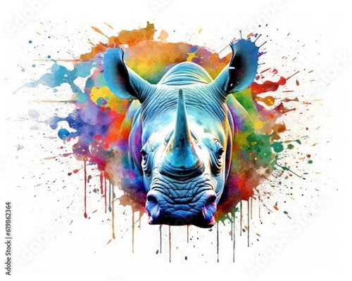 rhino  form and spirit through an abstract lens. dynamic and expressive rhino print by using bold brushstrokes, splatters, and drips of paint.  rhino raw power and untamed energy