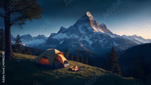 Night camping in the mountains, beautiful green landscape, generative AI