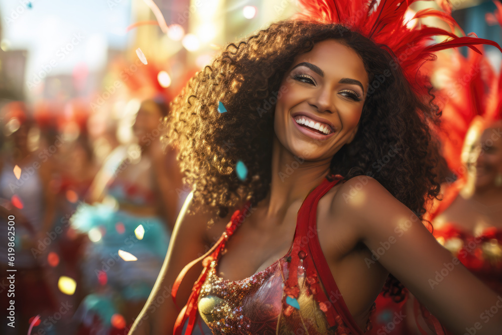 Latin woman dancing on the streets during carnival. Generative AI Latin woman dancing on the streets during carnival. Generative AI