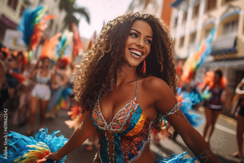 Latin woman dancing on the streets during carnival. photo