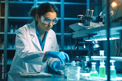 Serious concentrated female microbiologist in sterile clothing and safety goggles sitting at table and dropping reagent in petri dish while doing research in laboratory. Generative AI