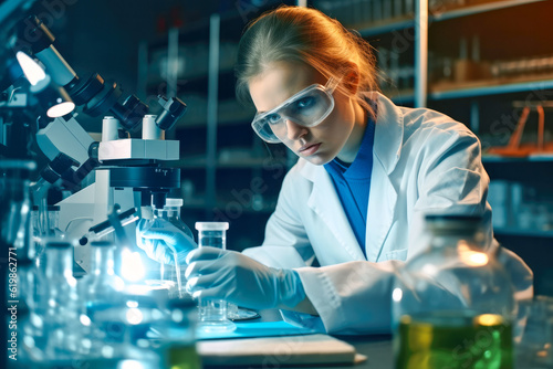 Serious concentrated female microbiologist in sterile clothing and safety goggles sitting at table and dropping reagent in petri dish while doing research in laboratory. Generative AI