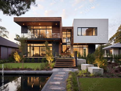 Modern two-story house with beautiful hard and soft landscaping. Built on a platform high from ground level and reached by steps.