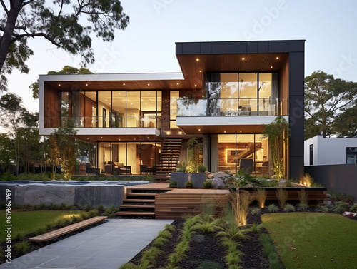 Modern two-story house with beautiful hard and soft landscaping. Built on a platform high from ground level and reached by steps.