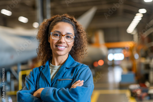 Proud and confident female aerospace engineer working on an aircraft or spacecraft part. Generative AI