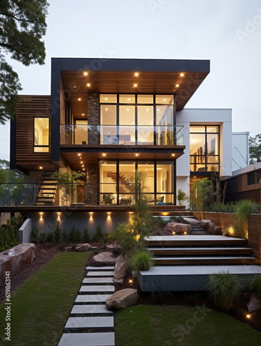 Modern two-story house with beautiful hard and soft landscaping. Built on a platform high from ground level and reached by steps. © Aisyaqilumar