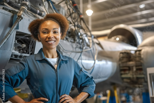 Proud and confident African American female aerospace engineer working on an aircraft or spacecraft part. Generative AI