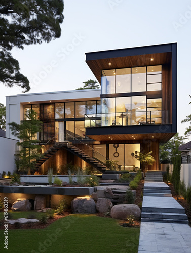 Modern two-story house with beautiful hard and soft landscaping. Built on a platform high from ground level and reached by steps.