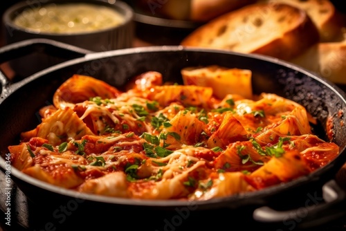 tortelloni in a rich tomato sauce with a side of garlic bread