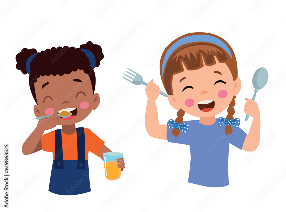 Cartoon happy little boy holding a spoon and fork