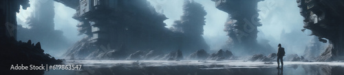 霧に包まれたゲームの世界に出てくるような壮大な崖などのイラスト