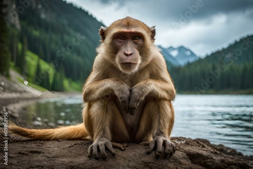 japanese macaque sitting on the rock generated by AI technology  © Joun