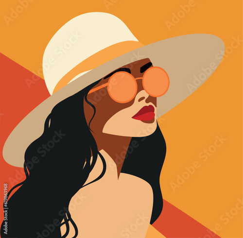 Vector fashion style illustration flat style brunette girl on vacation in a hat and glasses on an orange background