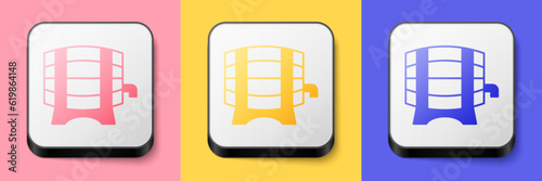 Isometric Wooden barrel on rack with stopcock icon isolated on pink, yellow and blue background. Square button. Vector