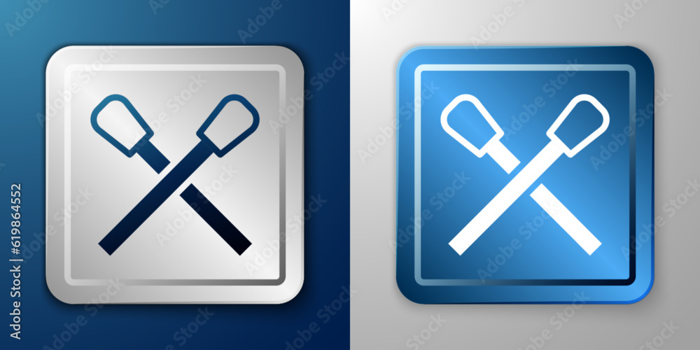 White Burning match with fire icon isolated on blue and grey background. Match with fire. Matches sign. Silver and blue square button. Vector White Burning match with fire icon isolated on blue and grey background. Match with fire. Matches sign. Silver and blue square button. Vector