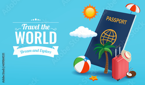 Travel composition with vacation stuff. Vector graphic