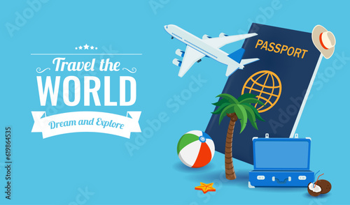 Travel composition with vacation stuff. Vector graphic