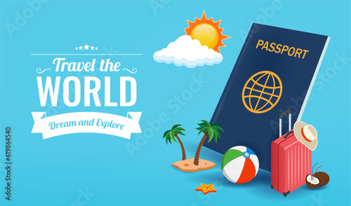 Travel composition with vacation stuff. Vector graphic