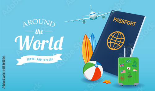 Travel composition with vacation stuff. Vector graphic