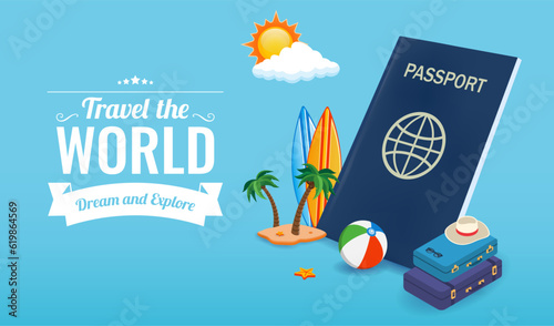 Travel composition with vacation stuff. Vector graphic
