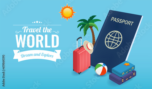 Travel composition with vacation stuff. Vector graphic