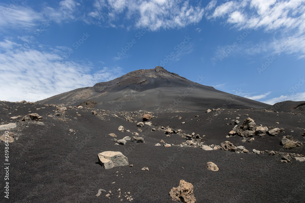 Pico do Fogo (2829m) rising from the caldera, ash fields