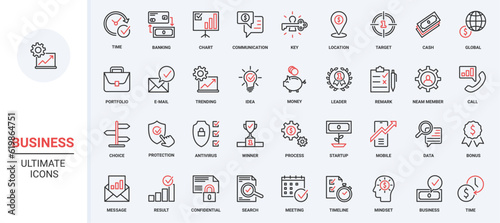 Red black thin line icons set for business communication, commerce, time management, global enterprise organization symbols for finance presentation, briefcase and lightbulb, money vector illustration