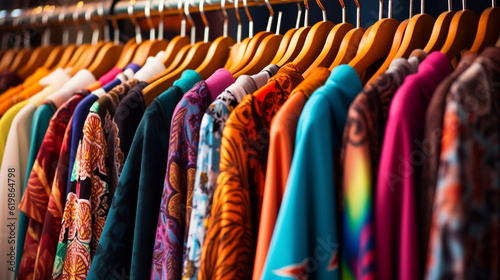 Diverse array of colorful, trendy clothes neatly arranged on a rack