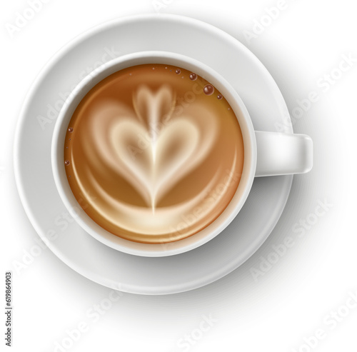 Heart latte art in white ceramic cup top view