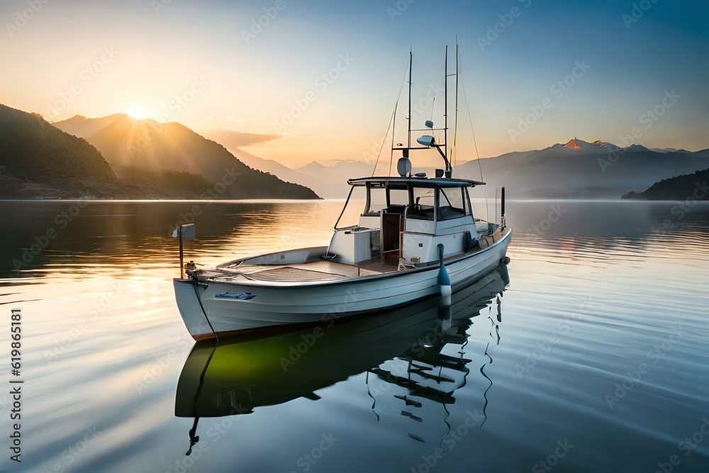 boats at sunset generated by AI technology 