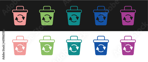 Set Recycle bin with recycle symbol icon isolated on black and white background. Trash can icon. Garbage bin sign. Recycle basket sign. Vector