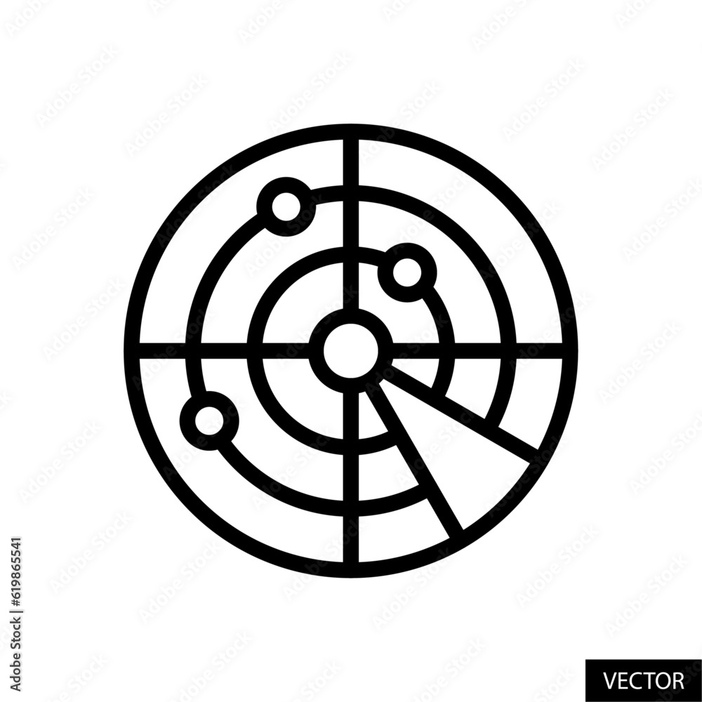 Radar navigation, sonar vector icon in line style design for website, app, ui, isolated on white background. Editable stroke. Vector illustration.