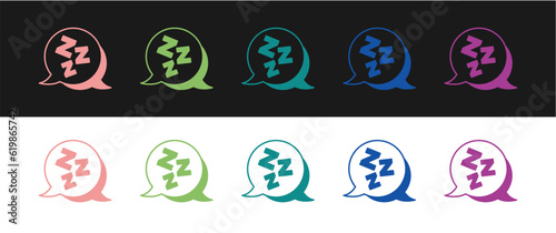 Set Sleepy icon isolated on black and white background. Sleepy zzz talk bubble. Vector