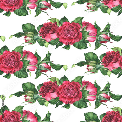 Seamless pattern with pink roses. Watercolor botanical illustration. Isolated on a white background. Hand drawn flower, leaves and petals. For the design of women's clothing, bed linen, fabrics © Ekaterina