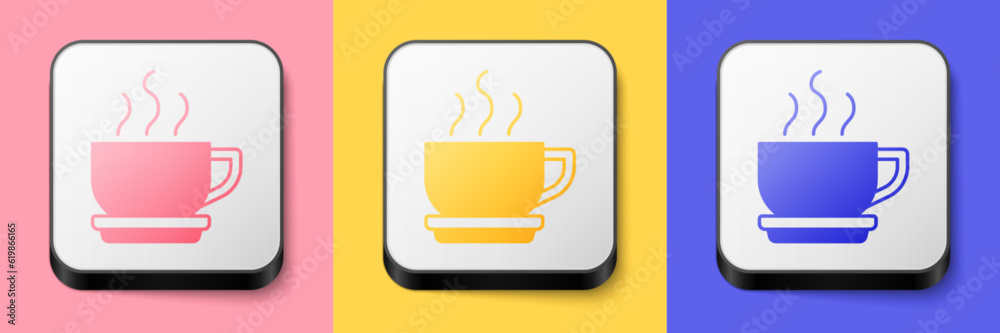 Isometric Coffee cup icon isolated on pink, yellow and blue background. Tea cup. Hot drink coffee. Square button. Vector Isometric Coffee cup icon isolated on pink, yellow and blue background. Tea cup. Hot drink coffee. Square button. Vector