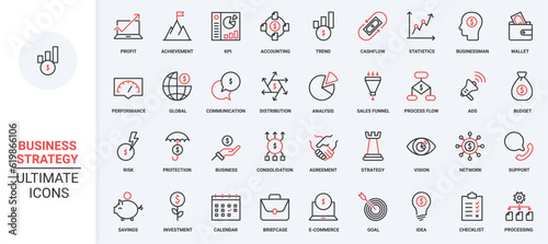 Red black thin line icons set for business strategy, activity process, organization of corporate company growth, control goal solution and idea, assessment of trends sales funnel vector illustration. photo